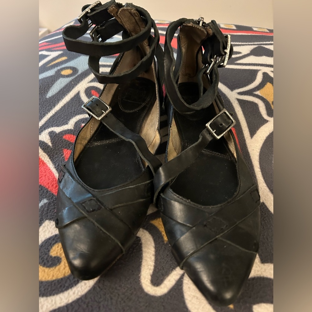 Frye Black Leather Zipper Buckle Flats